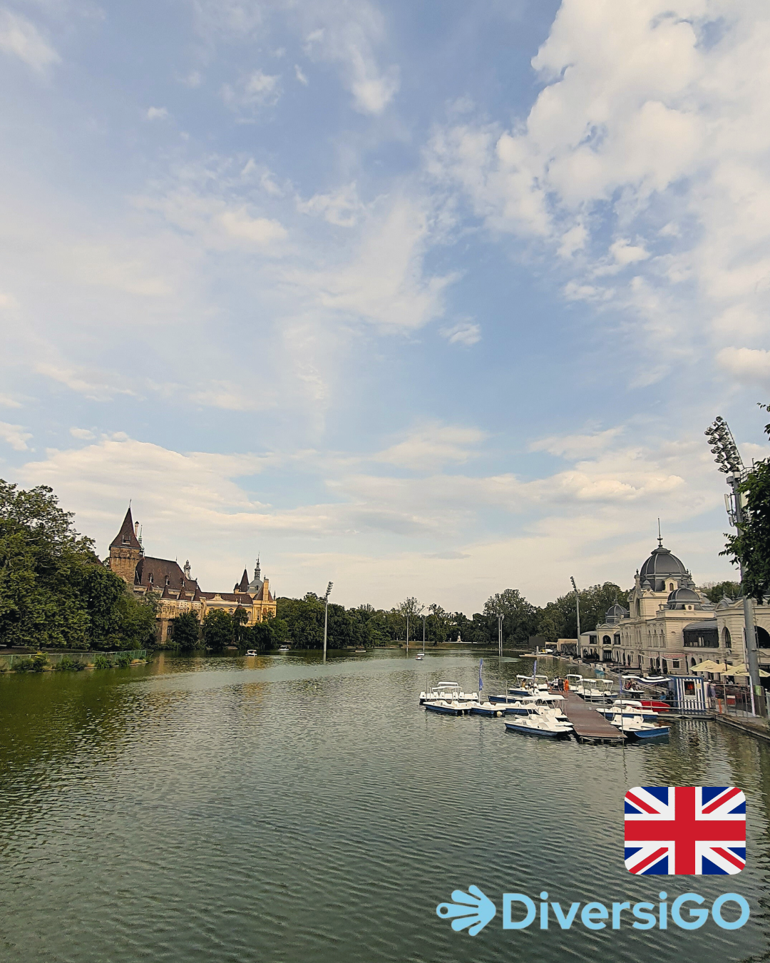 The view of the City Park Lake with the paddle boats on it, in the background there is the Vajdahunyad Castle.