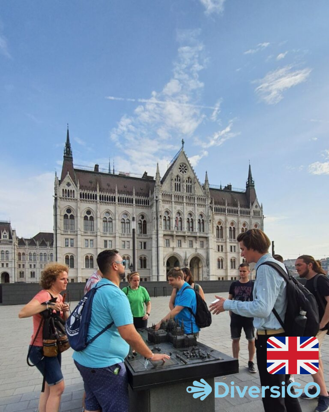 DiversiGO's guide is recommending features to observe at the tactile model of the Hungarian Parliament Building and its surroundings.